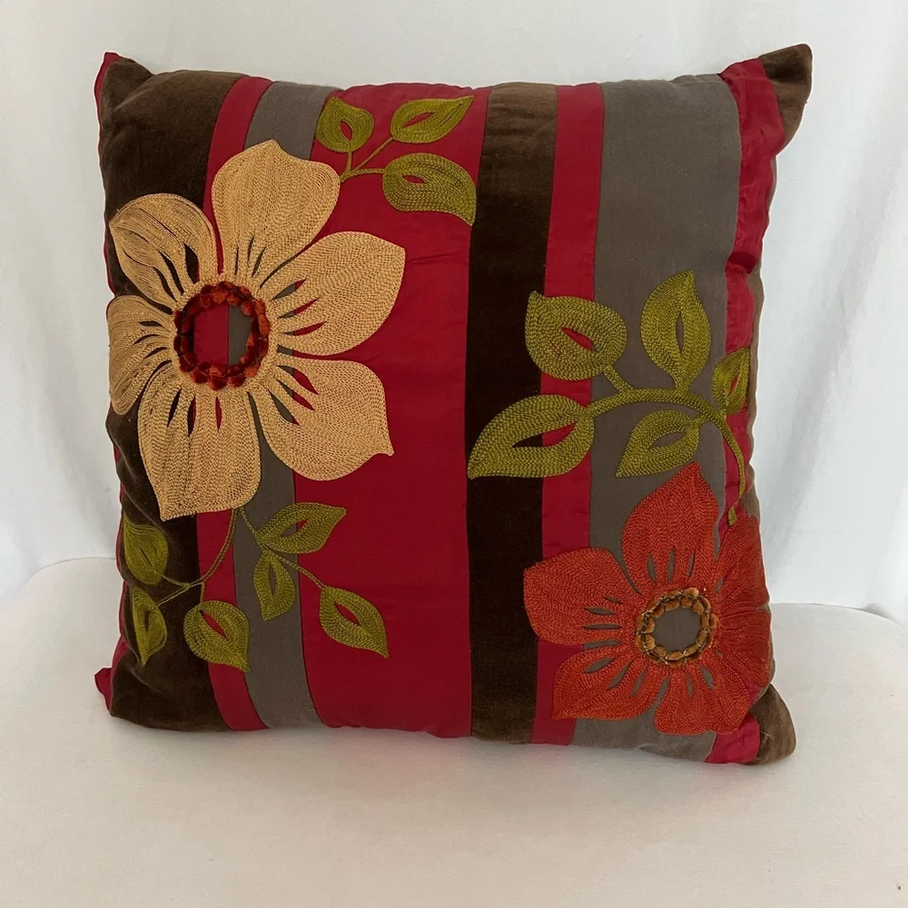 Pier 1 Imports Red and Brown Floral embroidered Pillow